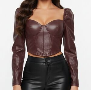 Wine-colored faux leather corset with long sleeves, panties, and sweetheart neck